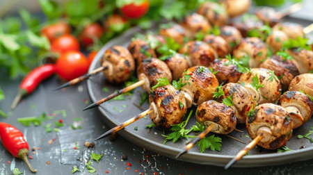 Grilled Mushrooms on a Plate Outdoors with Fresh Herbs, Tomatoes, and Peppers. Concept of Outdoor Cooking, Barbecue, Fresh Ingredients, and Grilled Vegetables.の写真素材