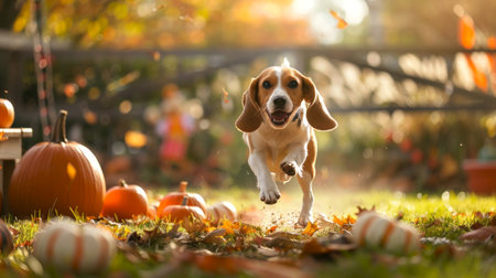 Beagle Leaping Through Autumn Leaves with Pumpkins. Concept of playful dog, fall season, outdoor fun, pet activities.の写真素材