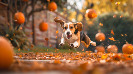 Beagle Leaping Through Autumn Leaves with Pumpkins. Concept of playful dog, fall season, outdoor fun, pet activities.の写真素材
