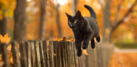 Black cat mid-leap over a rustic wooden fence in autumn. Concept of feline agility, seasonal landscape, nature, and animal movement.の写真素材