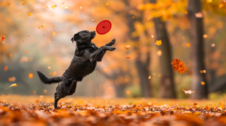 Black Labrador Jumping to Catch a Frisbee in an Autumn Forest. Concept of Dog Play, Fall Season, Outdoor Activity, Canine Joy.の写真素材