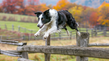 Border Collie Leaping Over Wooden Fence in Autumn Landscape. Concept of Dog Agility, Fall Season, Rural Scenery, Pets in Nature.の写真素材