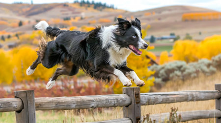 Border Collie Leaping Over Wooden Fence in Autumn Landscape. Concept of Dog Agility, Fall Season, Rural Scenery, Pets in Nature.の写真素材