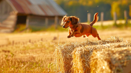 Energetic Dachshund Leaping Off a Haystack in a Rural Field. Concept of joyful dog, farm animals, countryside life, playful pets.の写真素材