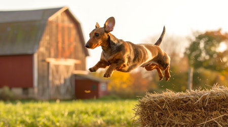 Energetic Dachshund Leaping Off a Haystack in a Rural Field. Concept of joyful dog, farm animals, countryside life, playful pets.の写真素材