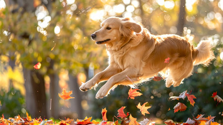 Golden Retriever Mid-Jump Over Autumn Leaves in a Park. Concept of Active Dog, Pet, Outdoors, Playful, Fall Season.の写真素材