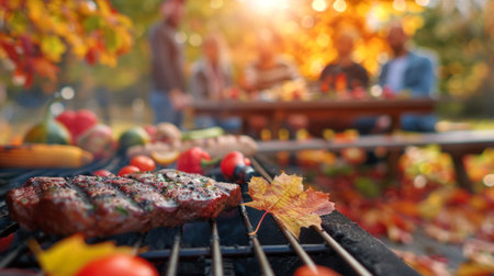 Outdoor autumn barbecue with grilled meat and vegetables. Concept of outdoor cooking, grilling, social gathering, and seasonal fall activities.の写真素材