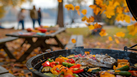 Autumn Outdoor Barbecue with Grilled Fish and Vegetables at a Park. Concept of Autumn Season,...