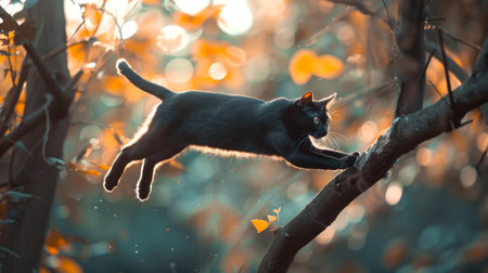 A sleek black cat leaping from one branch to another in a forest. Concept of agility, nature, wildlife, and feline behavior.の写真素材