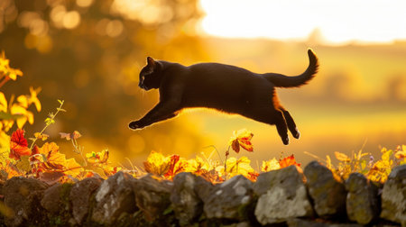 A sleek black cat mid-leap over a stone wall during sunset. Concept of agility, nature, feline grace, and twilight.の写真素材