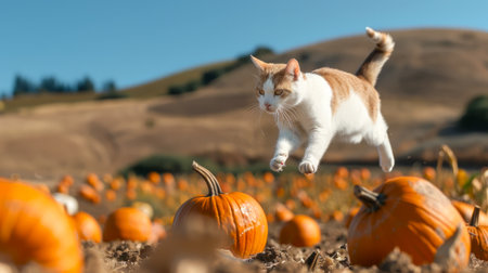 White and Brown Cat Leaping Across Pumpkins in Countryside Field. Concept of Autumn, Feline, Pumpkin Patch, Countryside Exploration.の写真素材