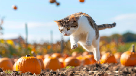 White and Brown Cat Leaping Across Pumpkins in Countryside Field. Concept of Autumn, Feline, Pumpkin...