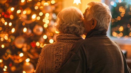 Elderly couple embracing in front of a decorated Christmas tree. Concept of senior love, holiday season, festive celebration, family togetherness.の写真素材