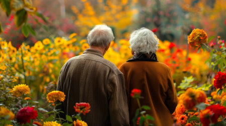 Elderly Caucasian Couple Standing in a Vibrant Garden of Marigold and Chrysanthemum Flowers. Concept of Seniors, Nature, Flowers, Outdoor Activity.の写真素材