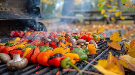 Grilling Colorful Vegetable Skewers Outdoors in Autumn. Concept of Fall Barbecue, Fresh Veggies, Outdoor Cooking, Autumn Harvest.の写真素材