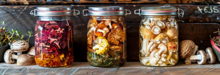 Jars of Pickled Mushrooms with Festive Decorations. Concept of homemade canning, preserved foods,...