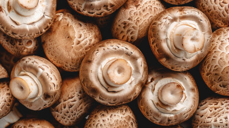 Close-Up Image of Fresh Brown Mushrooms. Concept of Organic Vegetables, Healthy Eating, Natural Foods, and Culinary Ingredients. Background.の写真素材