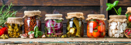 Variety of Pickled Vegetables and Mushrooms in Glass Jars on a Rustic Wooden Table. Concept of Preserved Food, Homemade Pickling, Fermentation, Culinary Preservation. Banner.の写真素材