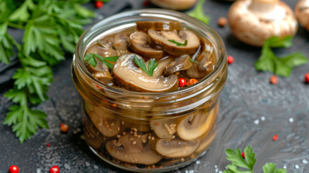 Pickled mushrooms in a glass jar with parsley on a gray background. Concept of preserved vegetables, healthy eating, homemade pickles, food preservation.の写真素材