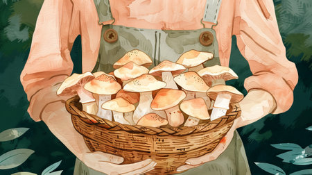 Watercolor illustration of a woman holding a basket of mushrooms with floral elements. Concept of nature, foraging, botanical art, harvest season.の写真素材