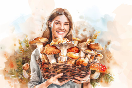 Cheerful Caucasian Woman Holding a Basket of Fresh Mushrooms in a Watercolor Style Illustration. Concept of Harvesting, Nature, Gardening, and Organic Farming.の写真素材