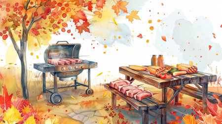 Autumn Outdoor Barbecue with Grilled Meats and Autumn Leaves. Concept of Fall Picnic, Grilling, Seasonal Cuisine, Outdoor Cooking. Watercolor Illustration.の写真素材