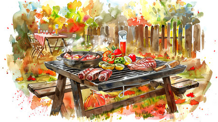 Autumn Outdoor Barbecue with Grilled Meats and Autumn Leaves. Concept of Fall Picnic, Grilling, Seasonal Cuisine, Outdoor Cooking. Watercolor Illustration.の写真素材