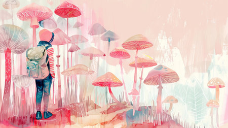 Watercolor art of a person in pastel colors standing among giant mushrooms. Concept of fantasy, nature, adventure, whimsical journey.の写真素材