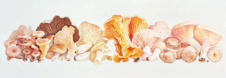 Watercolor Illustration of Various Edible Mushrooms on a White Background. Concept of Fungi, Foraging, Nature, and Organic Food.の写真素材
