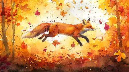 Watercolor Painting of a Fox Mid Jump Over a Pile of Autumn Leaves in Forest. Concept of Wildlife, Nature, Fall Season, Animal Motion.の写真素材