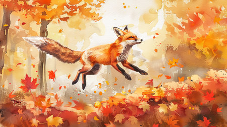 Watercolor Painting of a Fox Mid Jump Over a Pile of Autumn Leaves in Forest. Concept of Wildlife,...