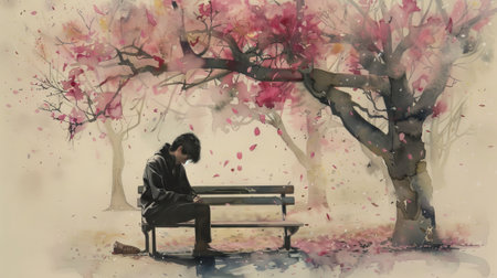 Asian male sitting on a park bench surrounded by watercolor cherry blossom trees. Concept of solitude, nature, contemplation, art.の写真素材