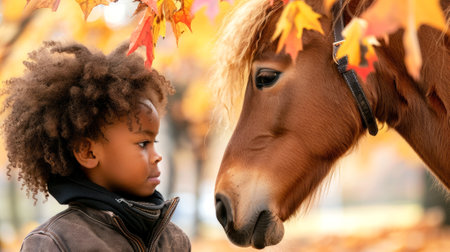 African American girl with brown horse in autumn scenery. Concept of childhood, nature, innocence, girl and horse bond.の写真素材