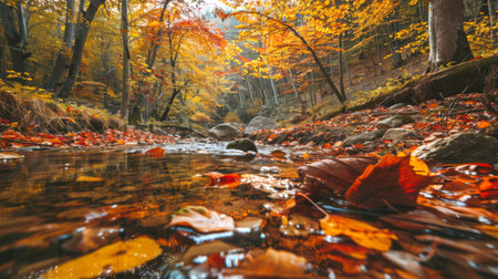 Autumn scenery with vibrant fallen leaves in forest creek. Concept of autumnal beauty, nature landscapes, serene outdoor environments. Beautiful autumn background.の写真素材