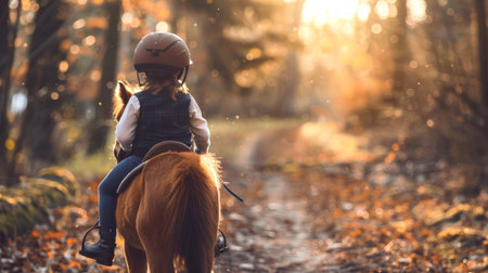 Little Girl Riding a Brown Pony in an Autumn Forest. Concept of Child Equestrian, Nature, Outdoor...