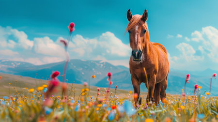 Brown horse in a vibrant field of wildflowers with a mountainous backdrop. Concept of nature, wildlife, rural landscape, tranquility, little pony.の写真素材