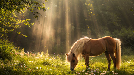 Brown horse grazing in a sunlit meadow surrounded by trees. Concept of nature, tranquility, wildlife, rural scene.の写真素材