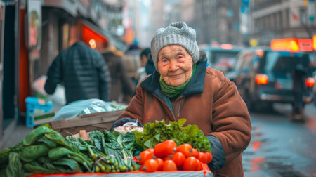 Elderly Caucasian Woman Selling Vegetables at Street Market in Urban Setting, Concept of Street...