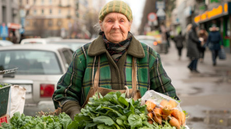 Elderly Caucasian Woman Selling Vegetables at Street Market in Urban Setting, Concept of Street...