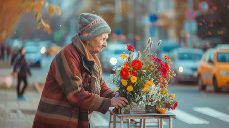 Elderly Caucasian woman selling flowers on a city street. Concept of outdoor market, urban life,...