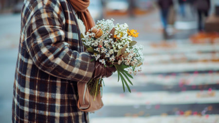 Elderly Caucasian woman holding flowers at a city crosswalk. Concept of senior citizen, urban life, pedestrian safety, flower gifting.の写真素材