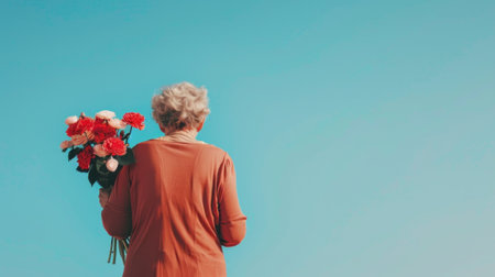 Elderly Caucasian woman holding a bouquet of vibrant flowers against a clear blue sky. Concept of...