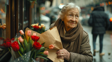 Elderly caucasian woman holding flower bouquet on a rainy street. Concepts of senior citizen,...