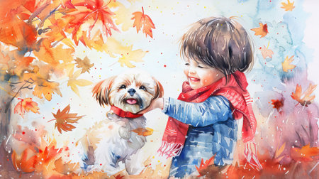 Watercolor painting of boy with dog in autumn leaves. Concept of child, pet companionship, fall season, outdoor activity.の写真素材