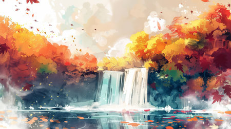 Watercolor painting of a waterfall in an autumn forest. Concept of nature, landscape, fall season,...