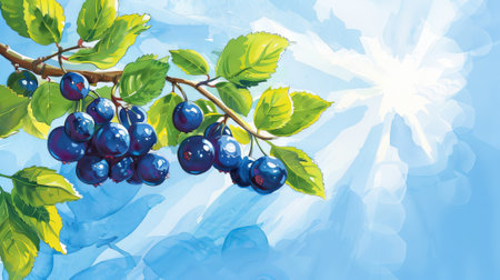 Watercolor painting of fresh blueberries on a branch with lush green leaves. Concept of healthy fruits, nature's bounty, botanical illustration.の写真素材