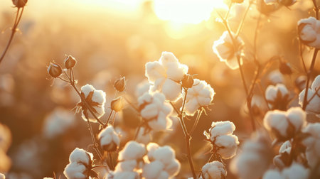 Sunlit cotton field at dawn with close-up of cotton plants. Concept of agriculture, natural fibers, sunrise, rural landscape.の写真素材