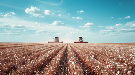 Modern cotton harvester in a vast field under clear blue sky. Concept of agriculture, cotton...
