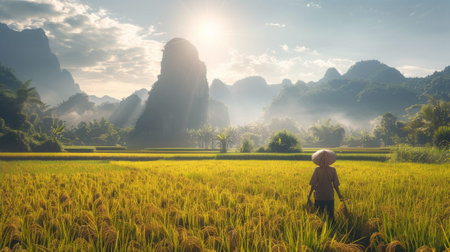 Asian Male Farmer Working in a Vibrant Green Rice Field at Sunset. Concept of Agriculture, Rural Life, Hard Work, and Tradition.の写真素材
