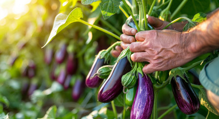 Farmer's hands cutting ripe eggplants from plant on a sunny day. Concept of agriculture, organic farming, vegetable harvest, and rural lifestyle.の写真素材